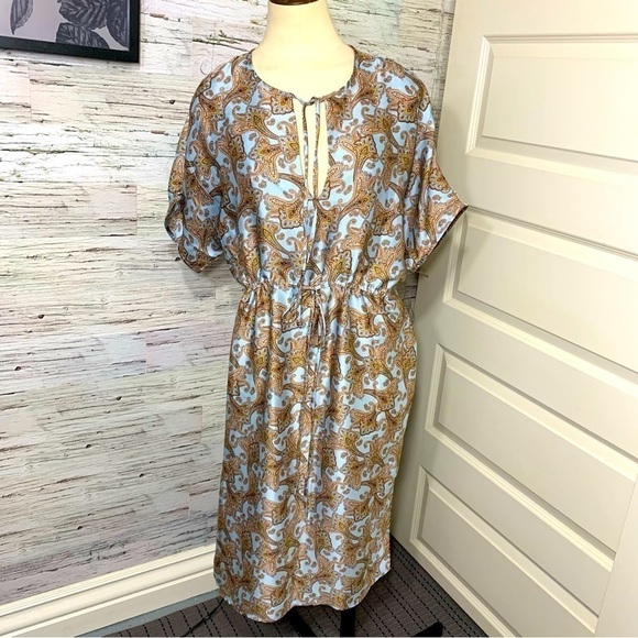 Mango Suit Blue Satin Shift Dress Paisley Print Short Sleeve Relax Pullover Sz 4 - Picture 14 of 14